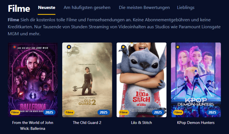 Bildschirmfoto der Einschalten Benutzeroberflaeche einer modernen Streaming Plattform mit Filmen und Serien